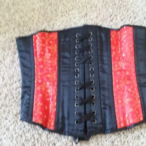 Red silk and black embroidered corset